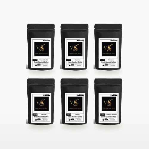 Vibrational Sync Flavored Coffee Sample Pack: six 2 oz bags of French Vanilla, Hazelnut, Cinnabun, Caramel, Mocha and Cinnamon Hazelnut