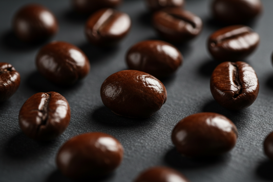 Close-up of glossy medium-dark roasted coffee beans, the roast level best suited to cold brew