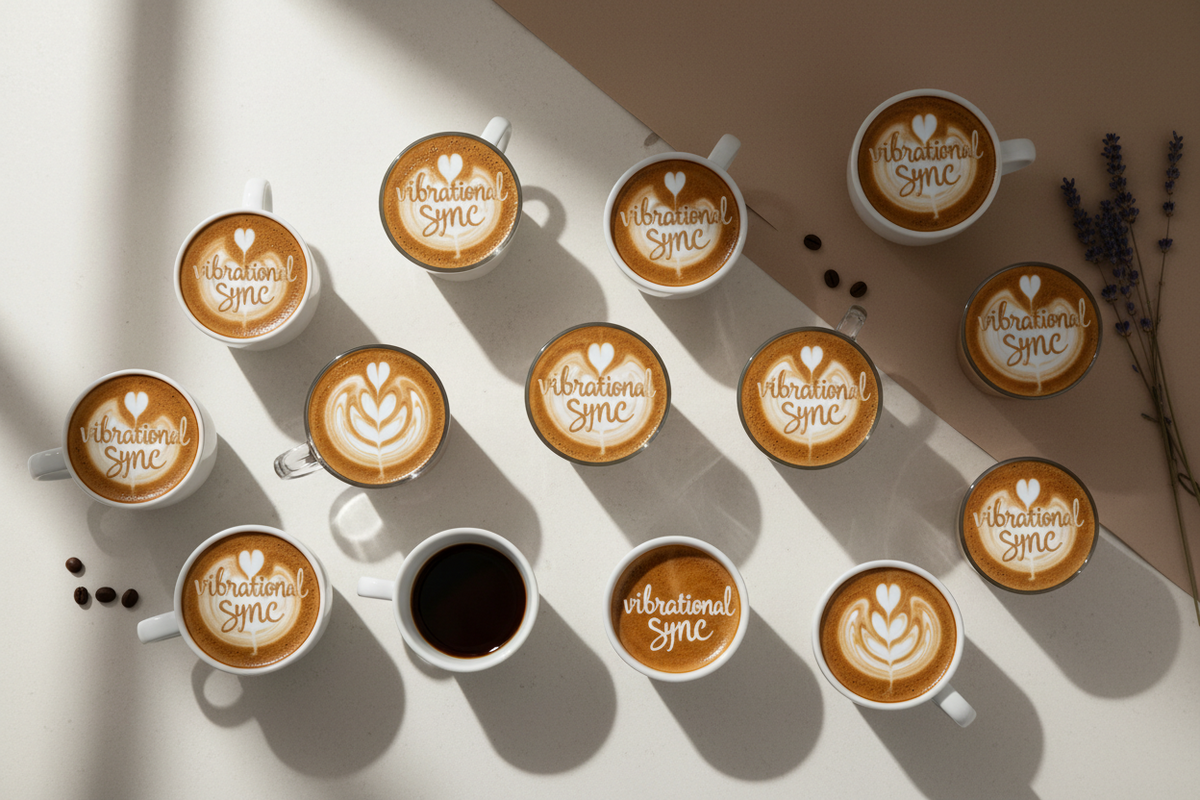 table of coffee cups with froth that spells "vibrational sync"
