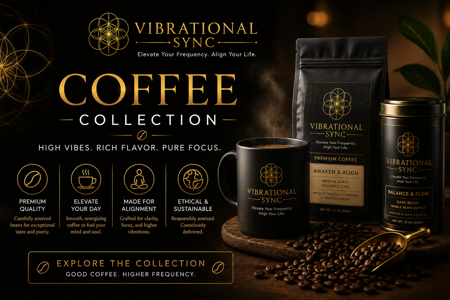 table of coffee cups with froth that spells "vibrational sync"