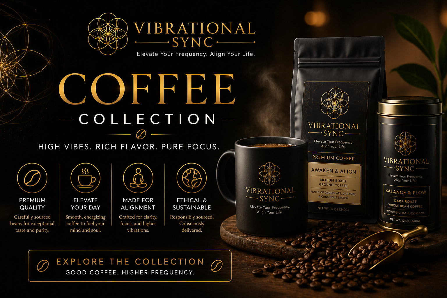 table of coffee cups with froth that spells "vibrational sync"