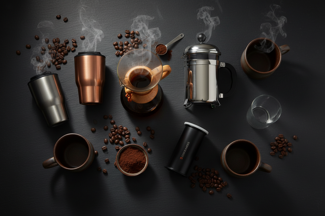 Coffee brewing gear, grinders, tumblers and mugs from Vibrational Sync