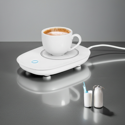 Coffee mug warmer keeping a cup hot on a desk