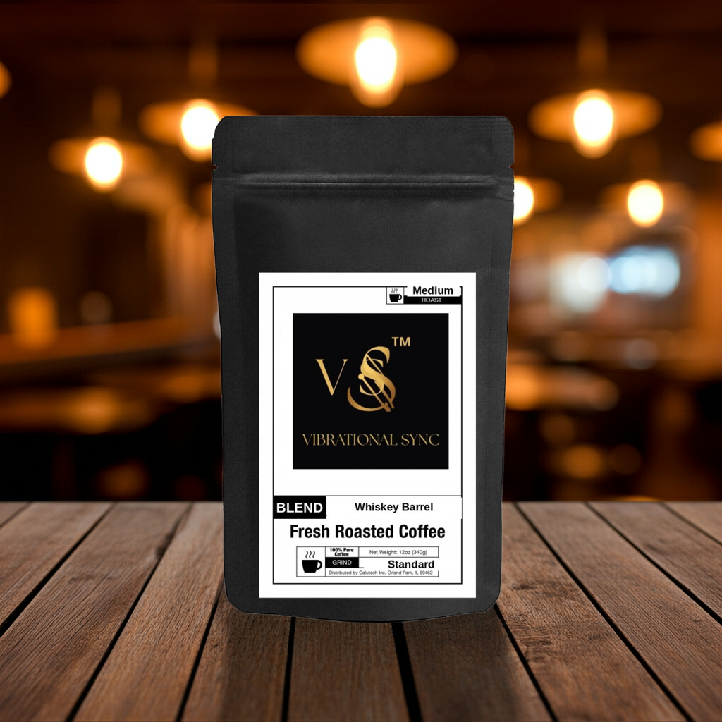 Whiskey Barrel Aged bourbon barrel coffee — Vibrational Sync bag detail