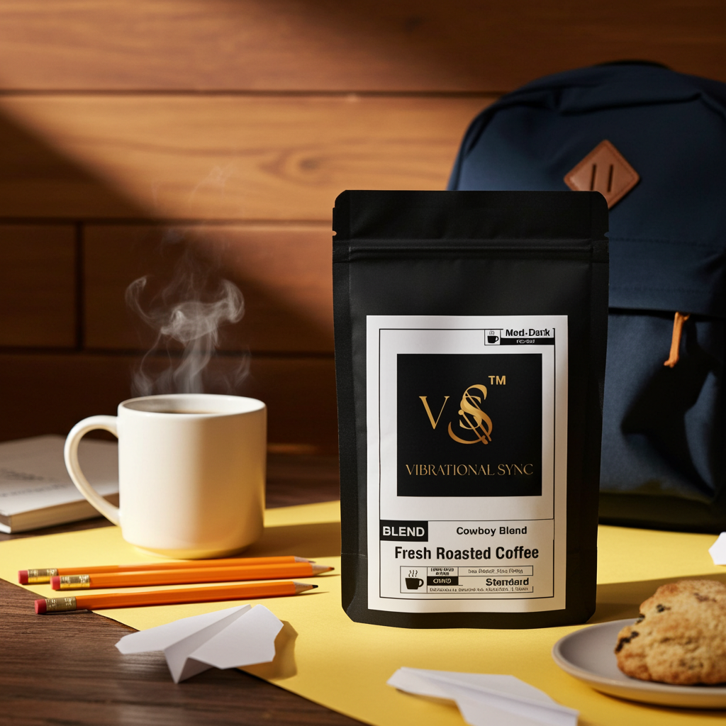 Cowboy Blend bold premium coffee — Vibrational Sync bag detail