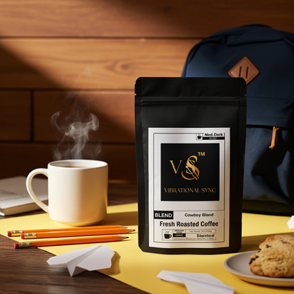 Cowboy Blend bold premium coffee — Vibrational Sync bag detail