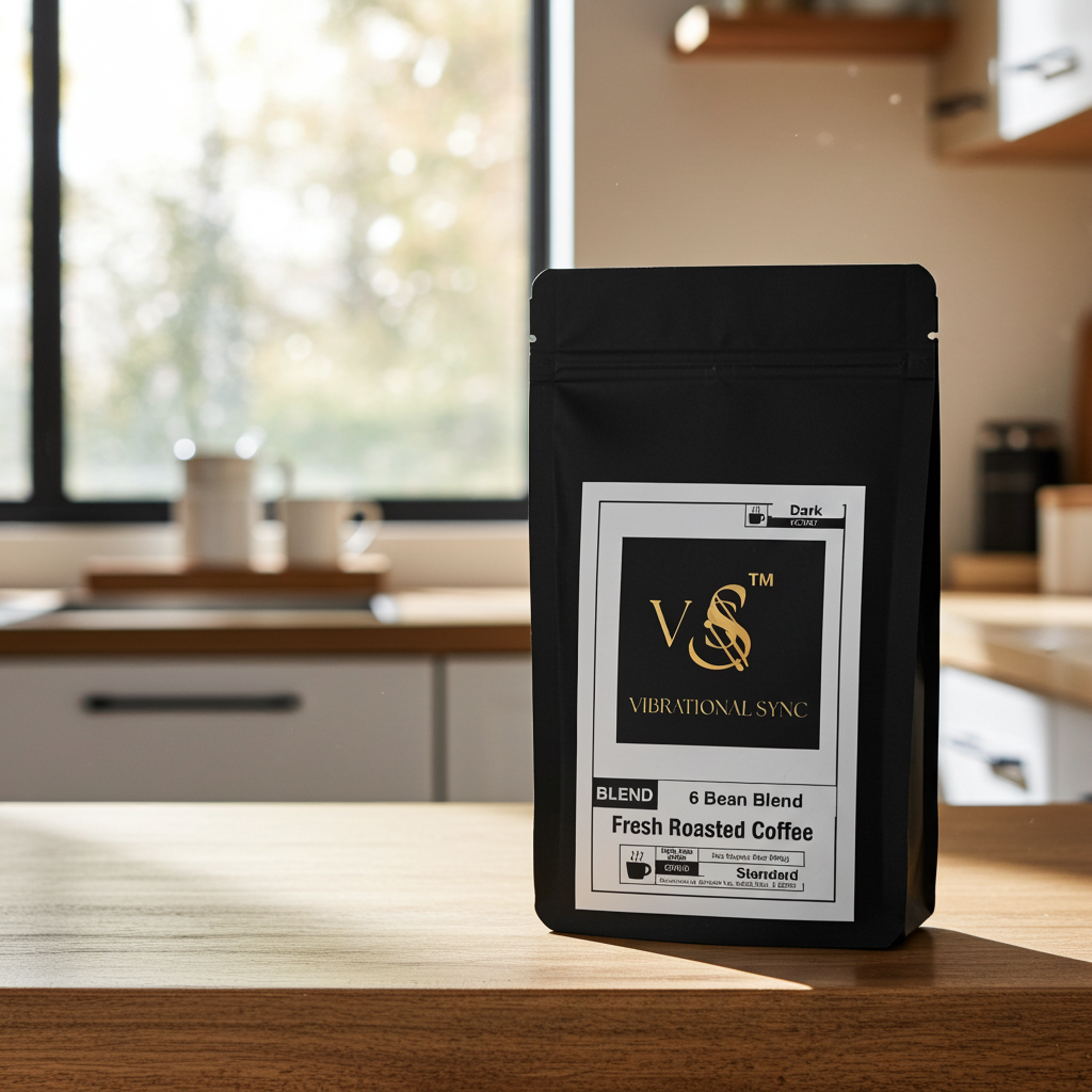 6 Bean Blend coffee lifestyle scene — Vibrational Sync