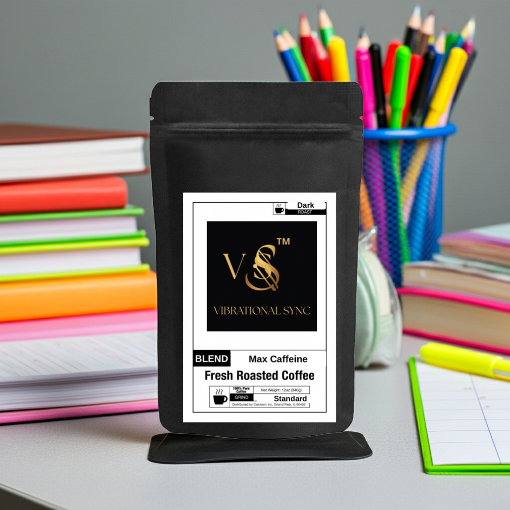 Max Caffeine dark roast Robusta coffee blend — Vibrational Sync bag detail