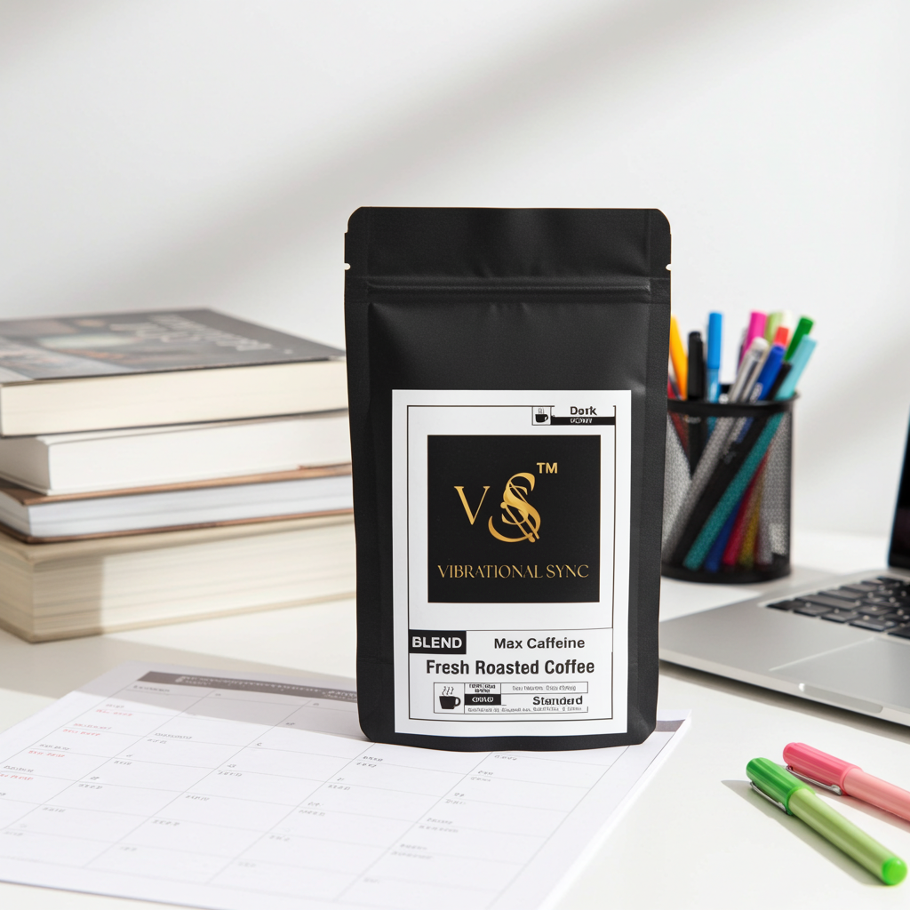 Max Caffeine coffee lifestyle scene — Vibrational Sync