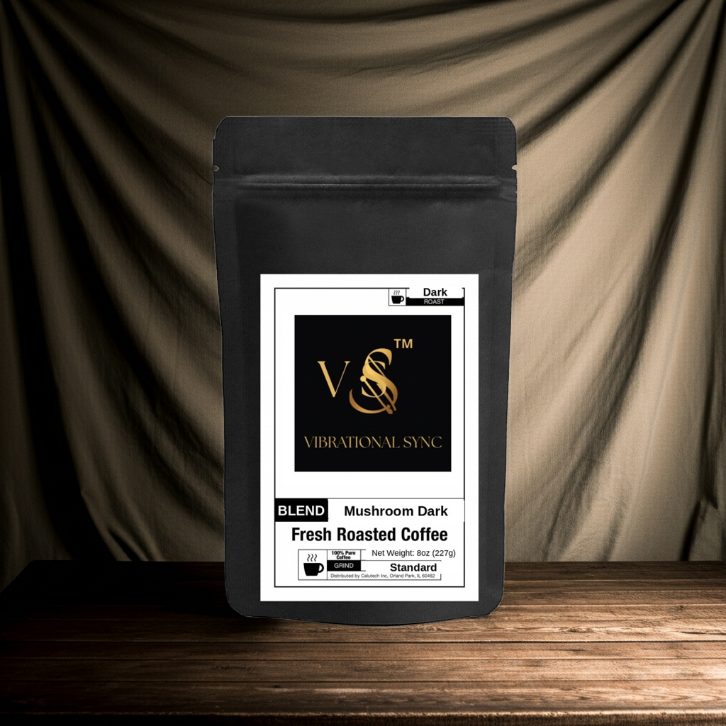 Dark roast mushroom coffee brewed cup — Vibrational Sync