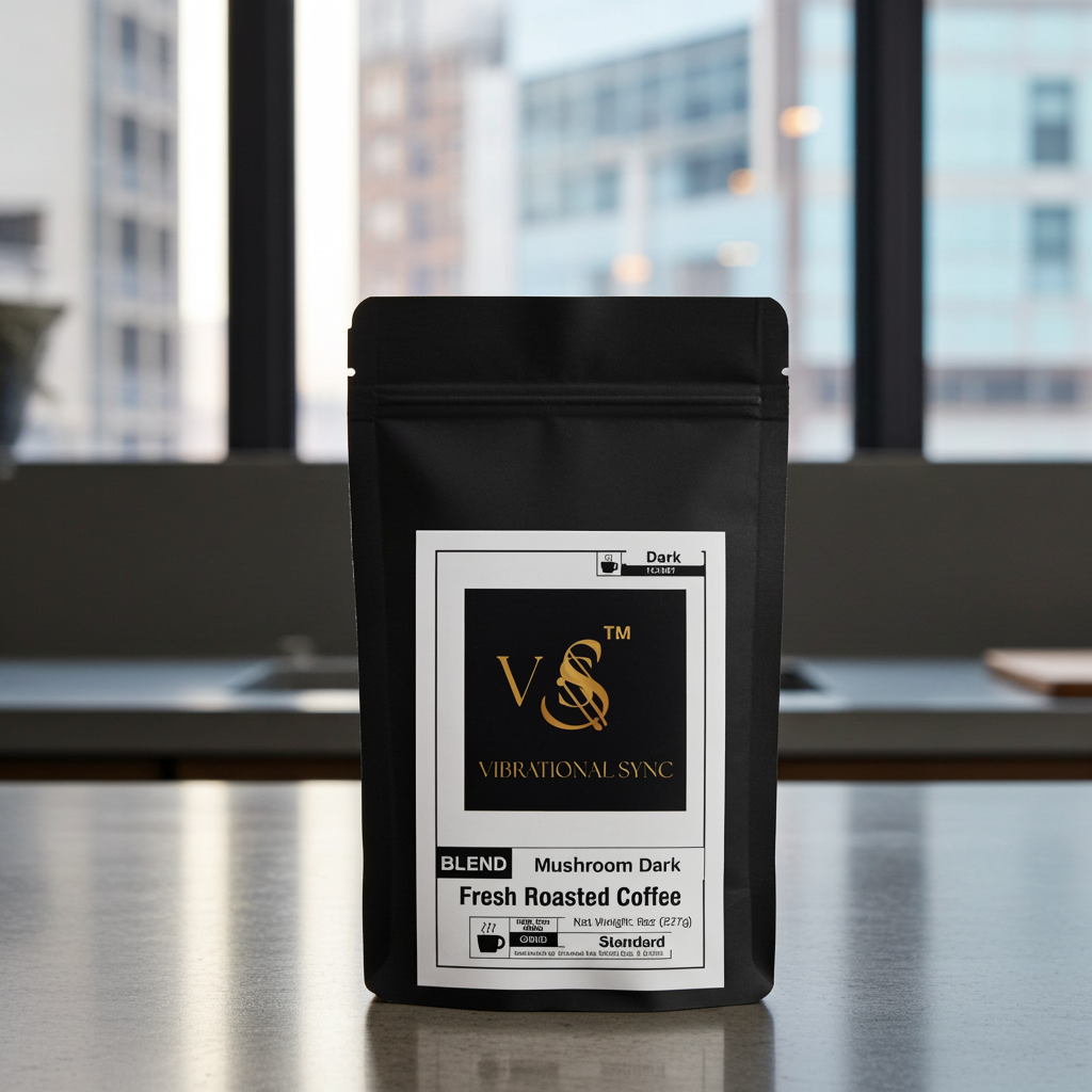 Dark roast mushroom coffee packaging detail — Vibrational Sync
