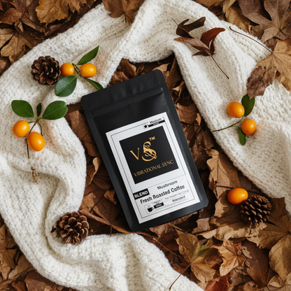 Medium roast mushroom coffee lifestyle scene — Vibrational Sync