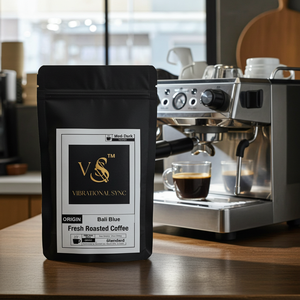 Bali Blue Kintamani single origin coffee — Vibrational Sync bag detail
