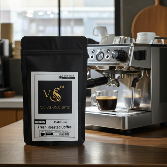 Bali Blue Kintamani single origin coffee — Vibrational Sync bag detail