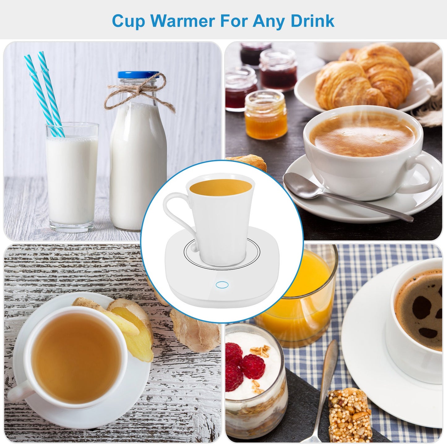 Desk beverage warmer with milk — versatile use