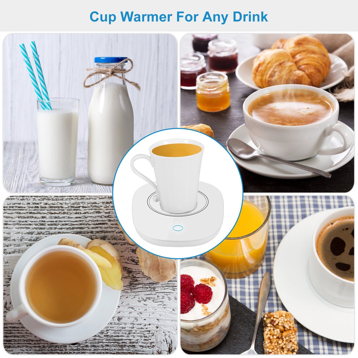 Desk beverage warmer with milk — versatile use