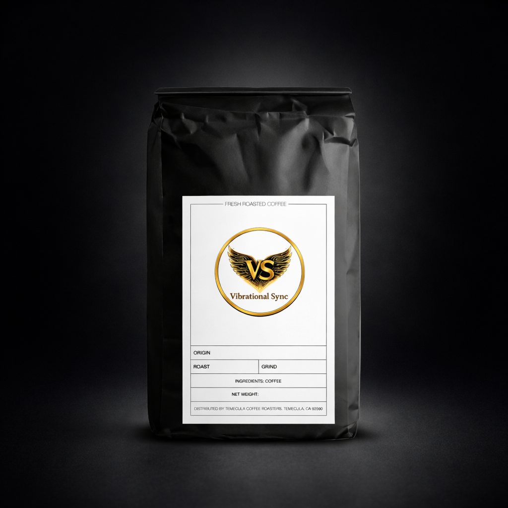 Vibrational Sync roasted coffee bag and loose beans