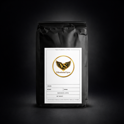Vibrational Sync roasted coffee bag and loose beans