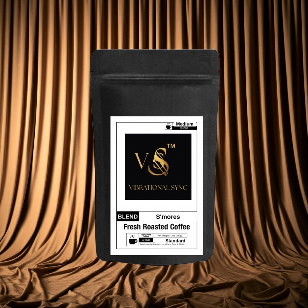 S'mores flavored coffee with chocolate, marshmallow and graham — Vibrational Sync bag detail