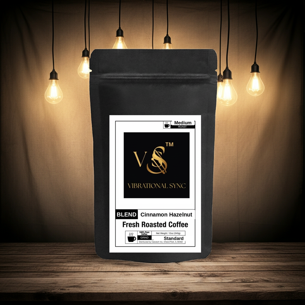 Cinnamon Hazelnut medium roast coffee — Vibrational Sync bag detail