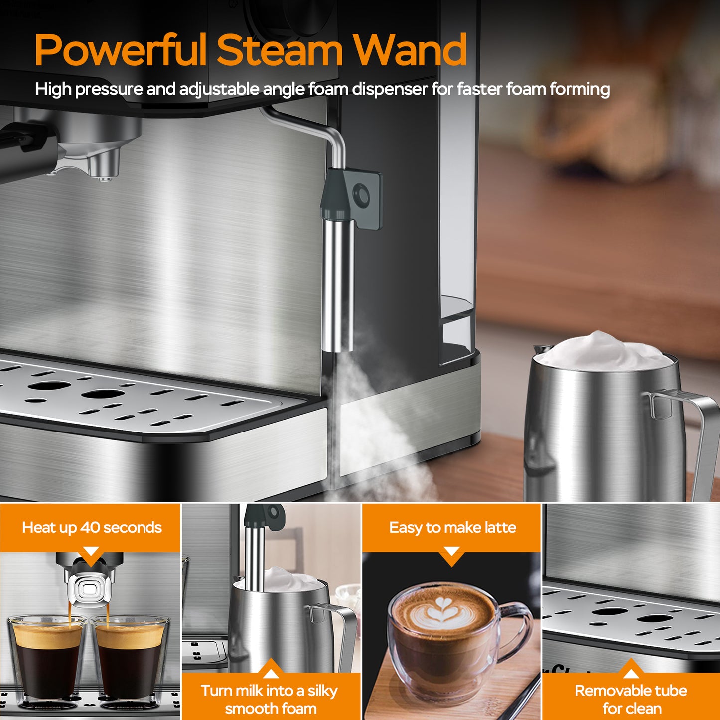 Stainless steel espresso machine on kitchen counter