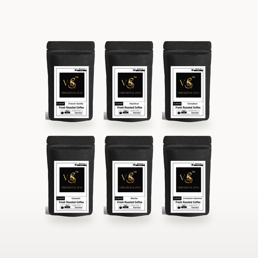 Vibrational Sync Flavored Coffee Sample Pack: six 2 oz bags of French Vanilla, Hazelnut, Cinnabun, Caramel, Mocha and Cinnamon Hazelnut