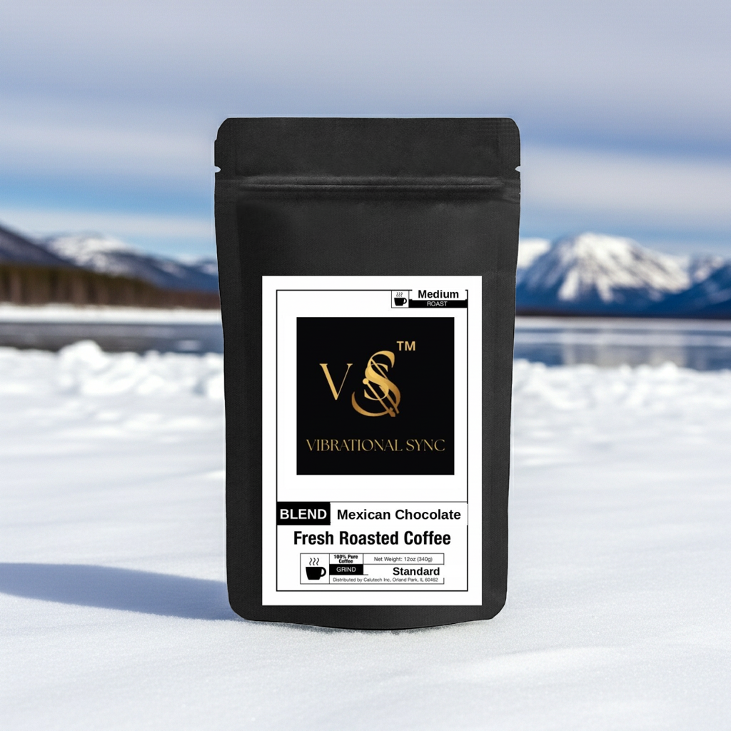 Mexican Chocolate coffee with chocolate and cinnamon — Vibrational Sync bag detail