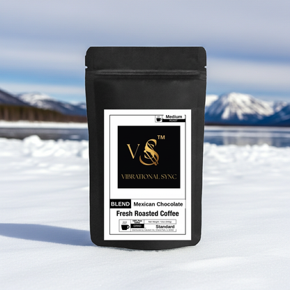 Mexican Chocolate coffee with chocolate and cinnamon — Vibrational Sync bag detail