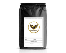 Black coffee bag with a label on a white background