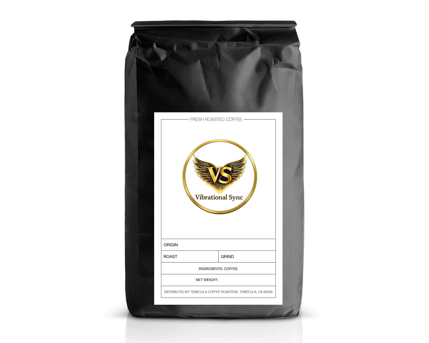 Black coffee bag with a label on a white background