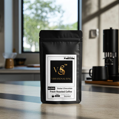 Dubai Chocolate flavored coffee roast — Vibrational Sync bag detail