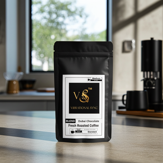 Dubai Chocolate flavored coffee roast — Vibrational Sync bag detail