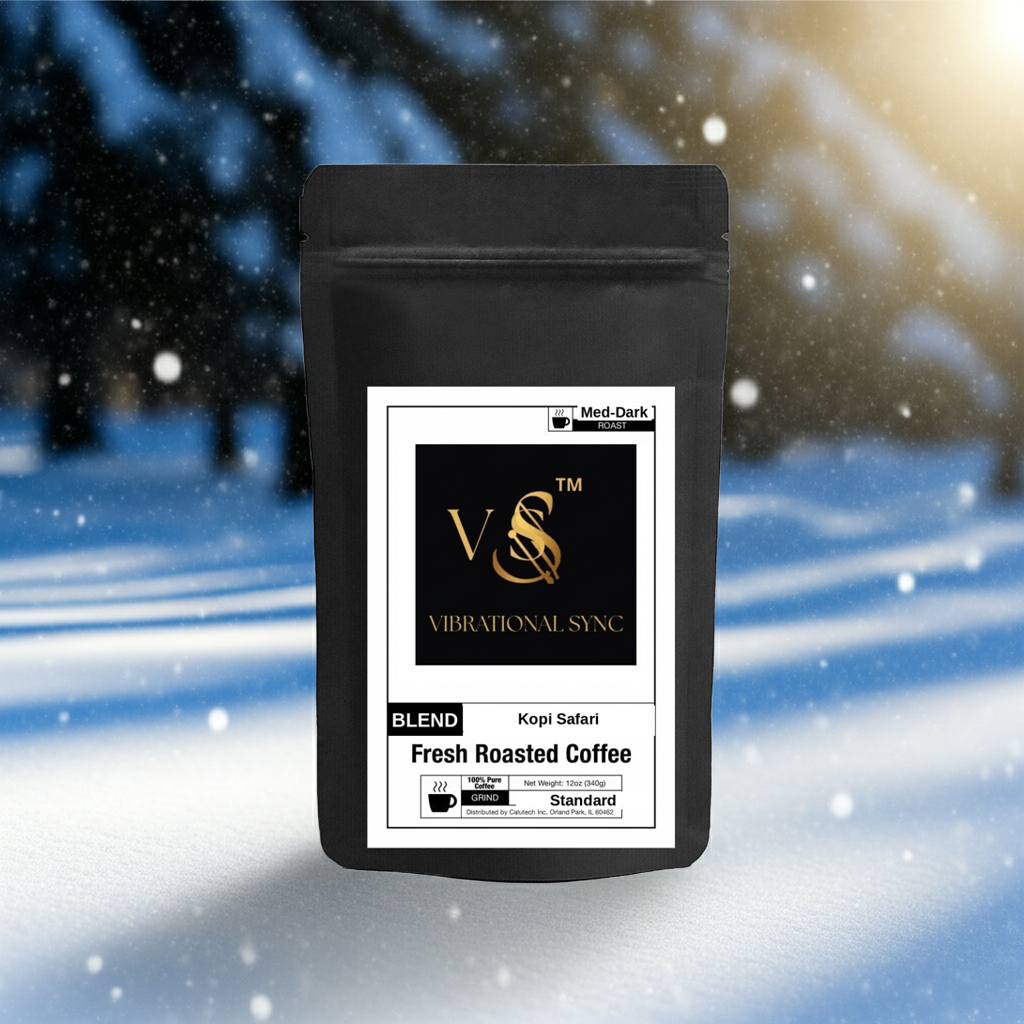 Kopi Safari premium medium-dark roast blend — Vibrational Sync bag detail