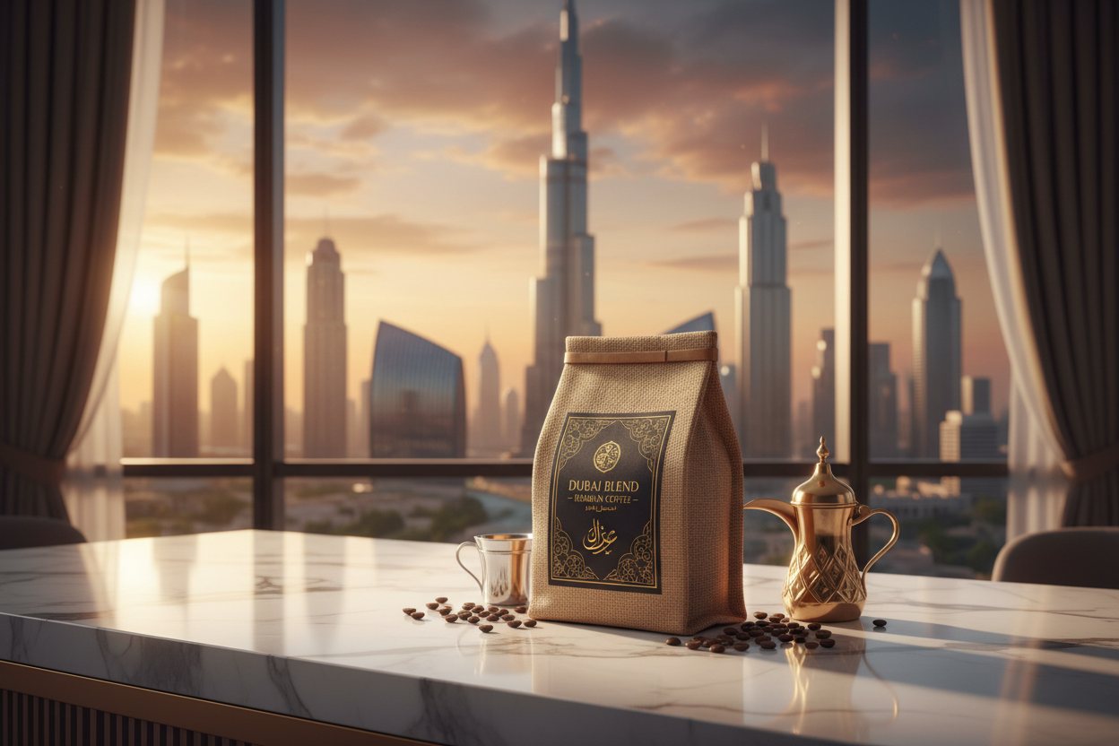 our dubai flavored coffee on a counter in Dubai