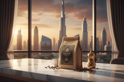 our dubai flavored coffee on a counter in Dubai