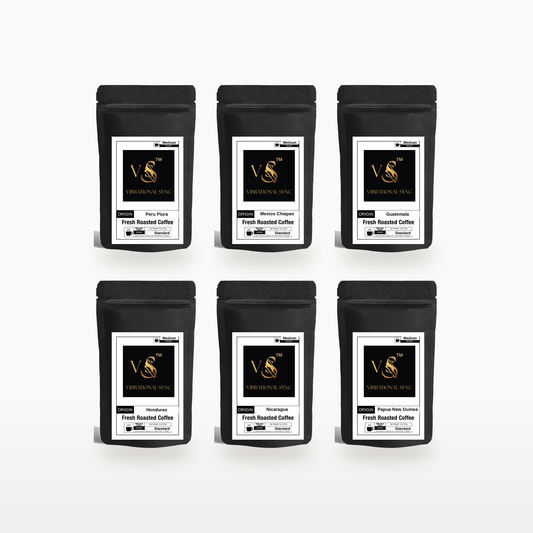 Vibrational Sync Single Origin Sample Pack: six 2 oz bags from Peru Piura, Mexico Chiapas, Guatemala, Honduras, Nicaragua and Papua New Guinea