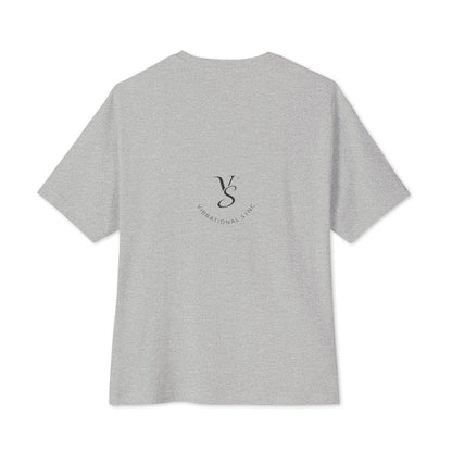 Oversized boxy tee in Athletic Heather, back, with small Vibrational Sync logo