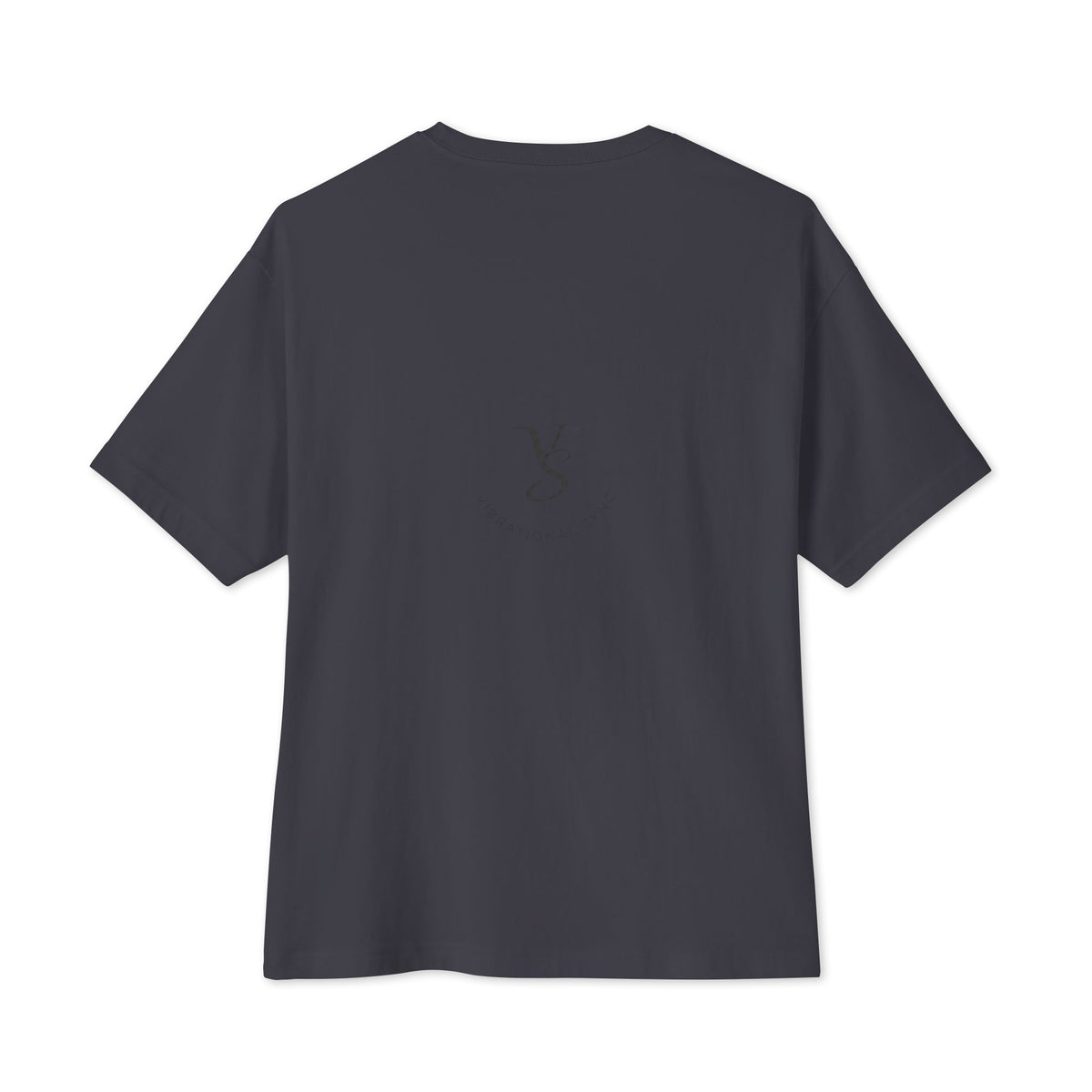 Oversized boxy tee in Dark Grey, back, with small Vibrational Sync logo
