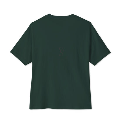 Oversized boxy tee in Forest, back, with small Vibrational Sync logo