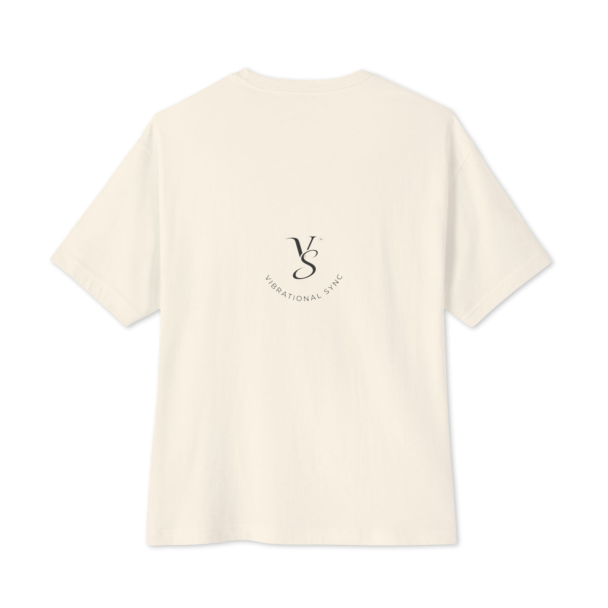 Oversized boxy tee in Natural, back, with small Vibrational Sync logo