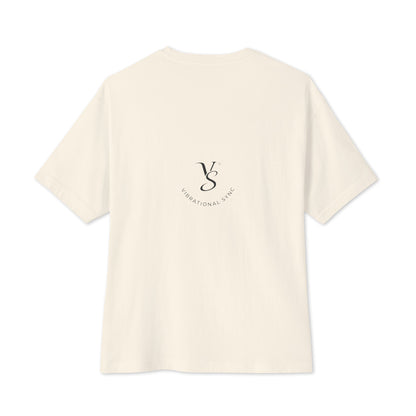 Oversized boxy tee in Natural, back, with small Vibrational Sync logo