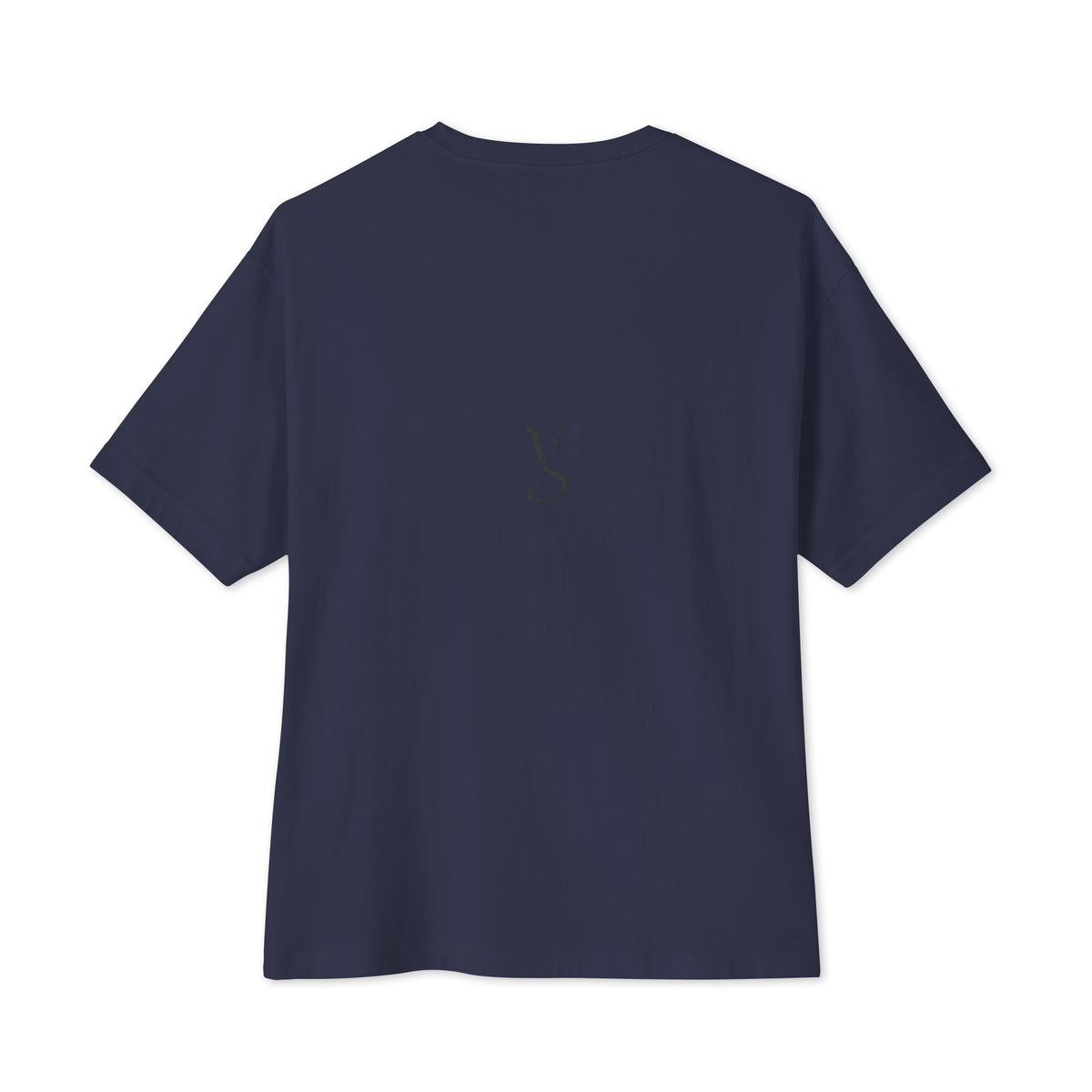 Oversized boxy tee in Navy, back, with small Vibrational Sync logo
