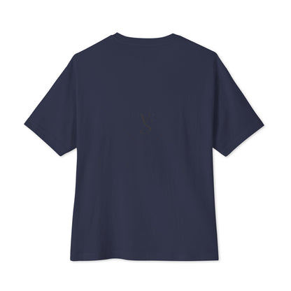 Oversized boxy tee in Navy, back, with small Vibrational Sync logo