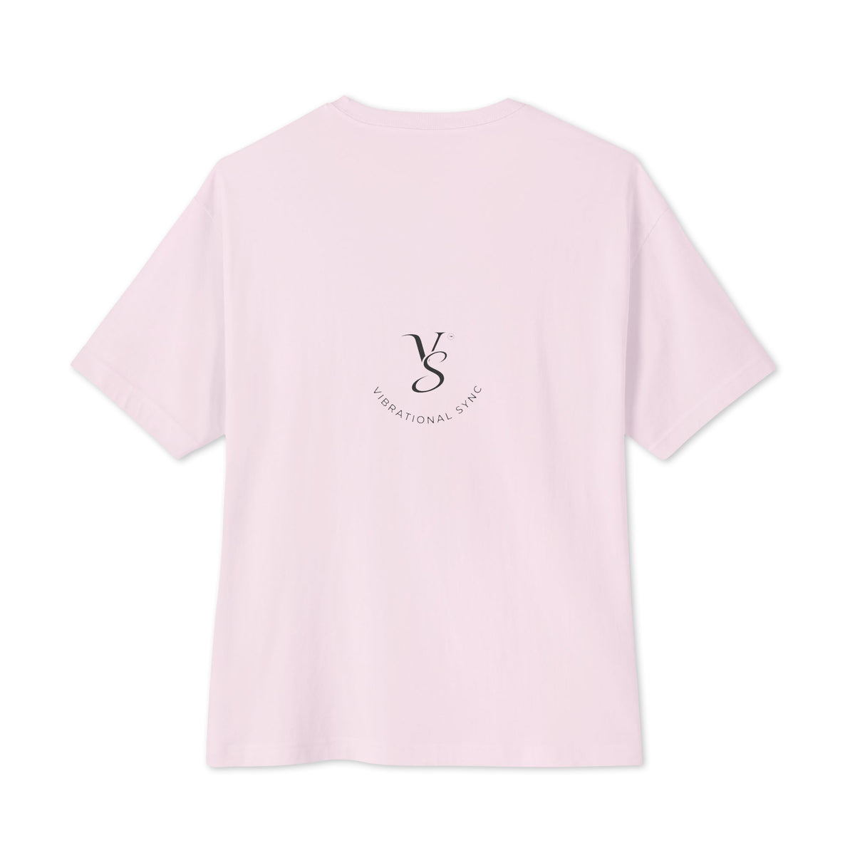 Oversized boxy tee in Soft Pink, back, with small Vibrational Sync logo