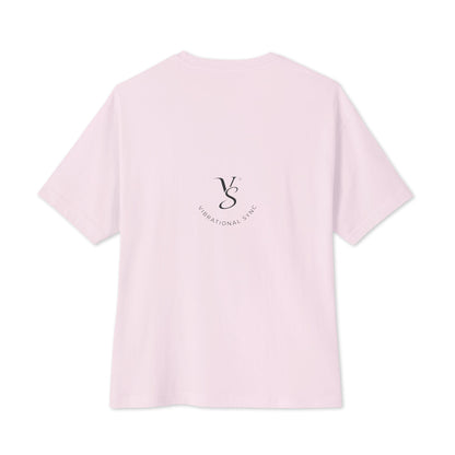 Oversized boxy tee in Soft Pink, back, with small Vibrational Sync logo