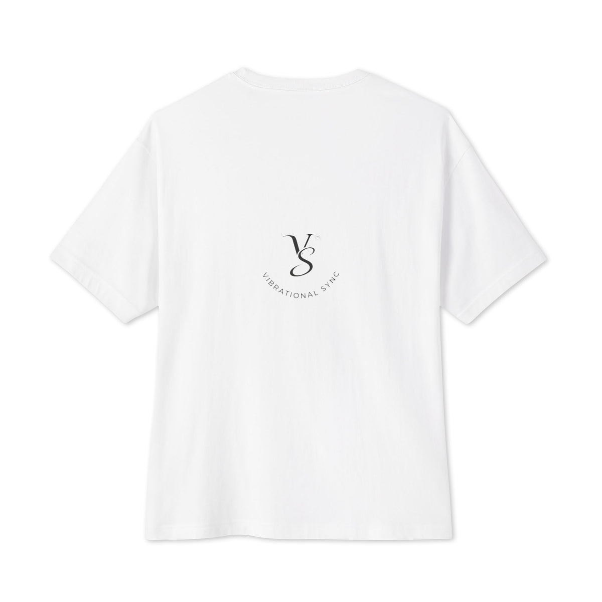 Oversized boxy tee in White, back, with small Vibrational Sync logo
