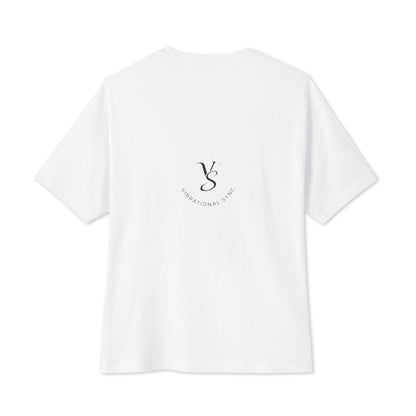 Oversized boxy tee in White, back, with small Vibrational Sync logo