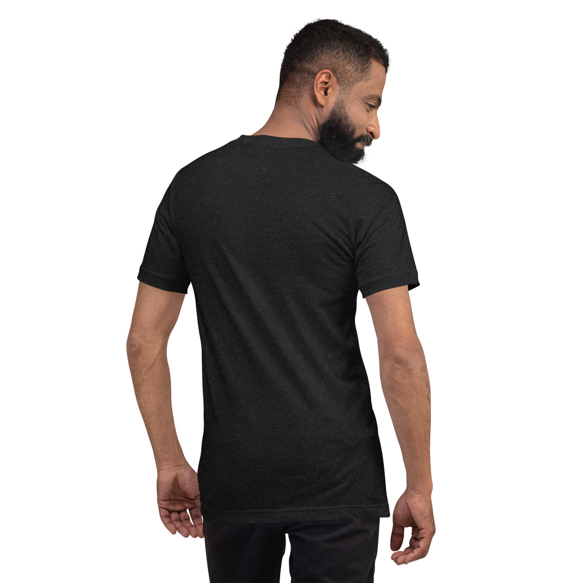 Drink Coffee, Stay Out of People's Business classic tee in Black Heather, back, on model