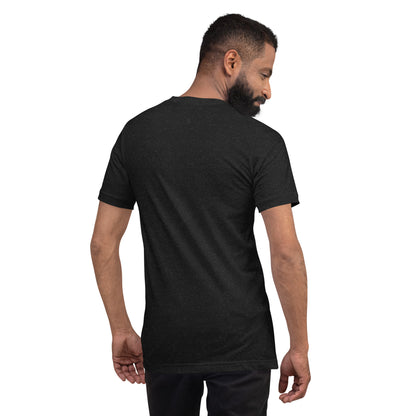 Drink Coffee, Stay Out of People's Business classic tee in Black Heather, back, on model